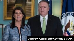U.S. Ambassador to the United Nation Nikki Haley (left) with U.S. Secretary of State Mike Pompeo in attendance announced her country's decision to withdraw from the UN Human Rights Council on June 19.
