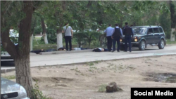 A photo shared on social media apparently showing the aftermath of a deadly shoot-out in Aqtobe, Kazakhstan, in which at least 18 people were killed.