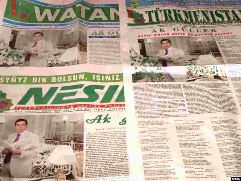 Turkmen newspapers published identical photographs of a white-suited Berdymukhammedov on the occasion of his birthday, June 29.