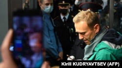 Aleksei Navalny at passport control at Moscow's Sheremetyevo airport just before he was detained.