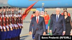 U.S. Vice President Mike Pence (left) upon his arrival in Podgorica with Montenegrin Prime Minister Dusko Markovic.