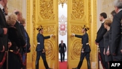 Russian President Vladimir Putin (center) in the Great Kremlin Palace during his inauguration ceremony on May 7.