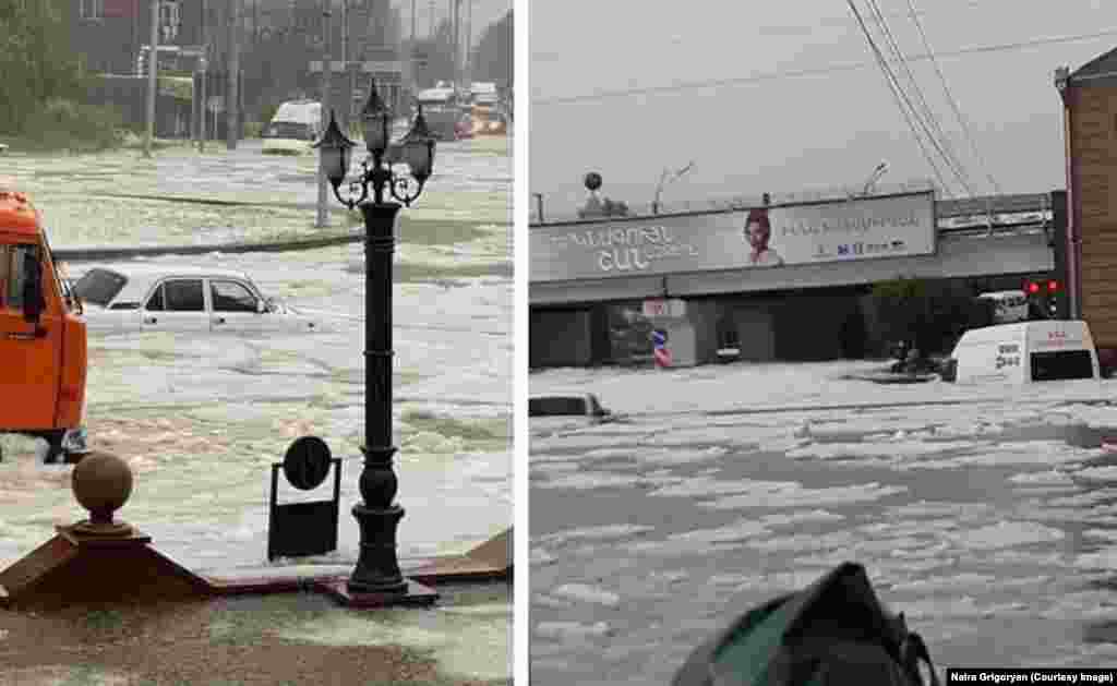 Центр Гюмри – уровень воды поднимается и град превращается в плавучие льдины. Наира Григорян, которая управляет туристической компанией в Гюмри, сообщила Радио Свобода, что ливень начался около 16:00 13 июля. По ее словам, через несколько минут территория возле ее дома стала похожа на «ледяной океан», поскольку град засорил стоки и в результате образовалась наводнение