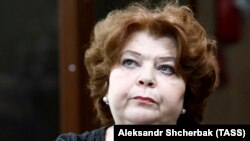 Former Seventh Studio chief accountant Nina Maslyayeva attends a court hearing in Moscow on April 11.