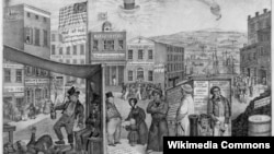 Паника 1837 года. В небе изображены шляпа, очки и трубка президента Джексона со словом "Слава". На переднем плане – бедствующие горожане, на дальнем справа – здание банка, которое штурмуют вкладчики. На банке висит объявление: "Никаких выплат в звонкой монете". Слева – здание таможни с объявлением: "Долговые расписки должны выкупаться только звонкой монетой". На дальнем берегу реки – долговая тюрьма. Художник Эдвард Уильямс Клей. 1837.