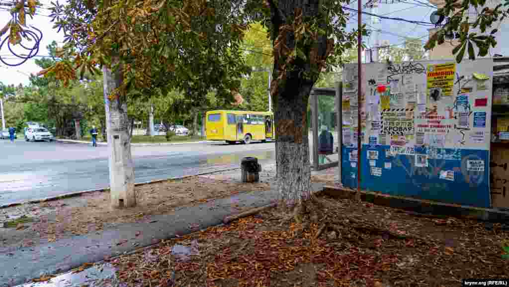 Конечная остановка городских автобусов и троллейбусов. Дальше, за желтым автобусом, проходит автодорога Симферополь – Ялта