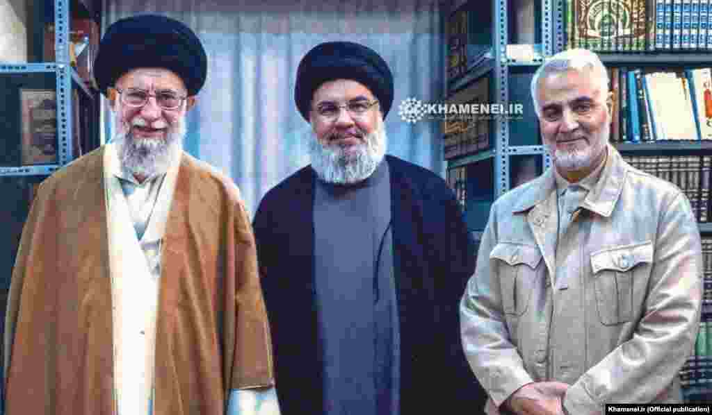 Soleimani appearing with Hizballah chief Hassan Nasrallah and Iranian Supreme Leader Ayatollah Ali Khamenei (left). Soleimani helped Iran strengthen its ties with Hizballah in Lebanon. Soleimani said he advised Hizballah during the 34-day war with Israel in 2006. More than 1,200 Lebanese and 160 Israelis were killed in the conflict.