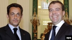 Президент Франции Николя Саркози и президент России Дмитрий Медведев после подписания соглашения по конфликту России и Грузии. Москва, август 2008 года.