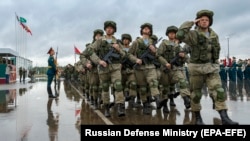 Russian soldiers march during the opening ceremony of the Zapad-2021 joint Russian-Belarusian drills in September 2021.
