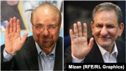 Baqer Qalibaf (left) and Eshagh Jahangiri file for the Iranian presidential election.