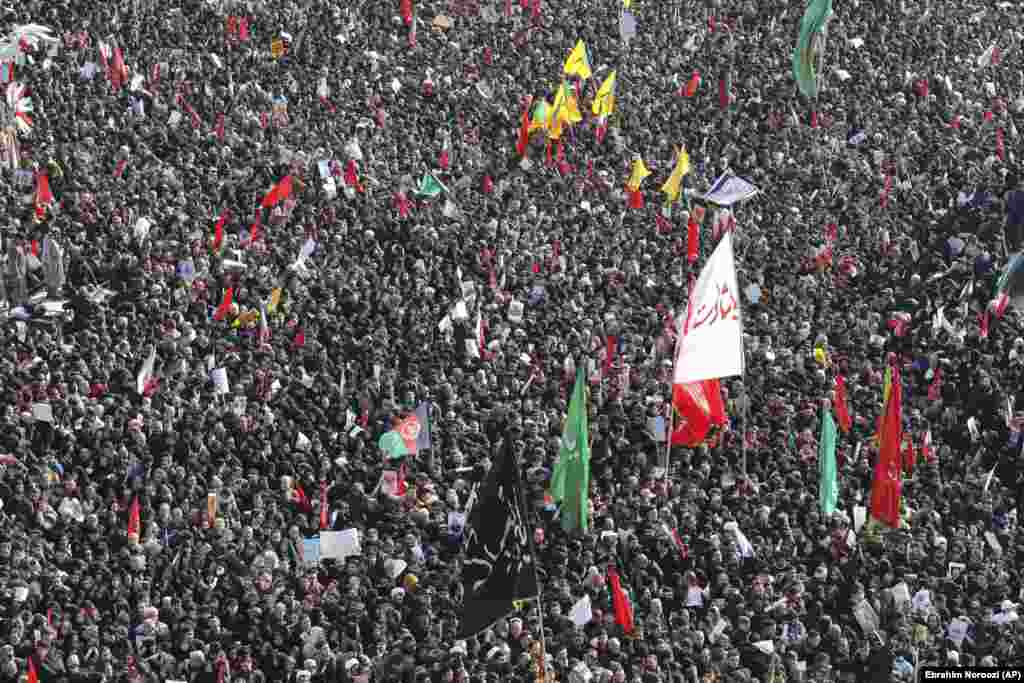 Mourners packed Tehran's Enghelab (Revolution) Square three days after Soleimani was killed in a U.S. drone strike at Baghdad airport. Soleimani's funeral procession was said to be the largest in Iran since the death of the Islamic republic's founder, Ayatollah Ruhollah Khomeini.