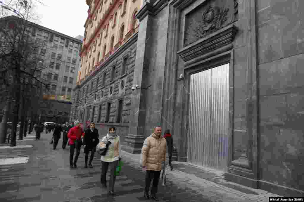 The door to the FSB, covered by a sheet of metal two days after being scorched by Pavlensky. Free, and reunited with her camera, Beroyeva was amazed to find all the images still on her memory card. Soon after her pictures were released through agencies "my phone exploded, I was getting calls from around the world. I'm not used to that either!"