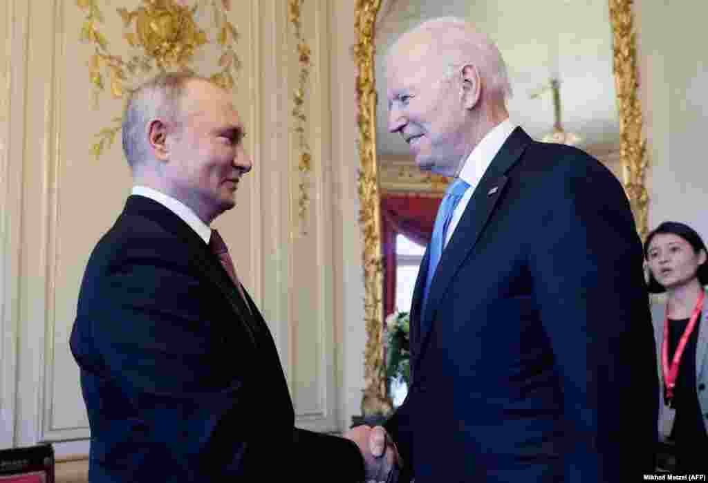 Russian President Vladimir Putin shakes hands with U.S. President Joe Biden during their meeting on June 16 inside the Villa La Grange, on the shore of Lake Geneva. 