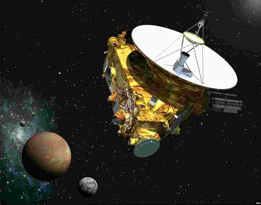 А так художник представляет себе подлет New Horizons к Плутону и его лунам (всего их пять, нар исованы три, включая Харон). 